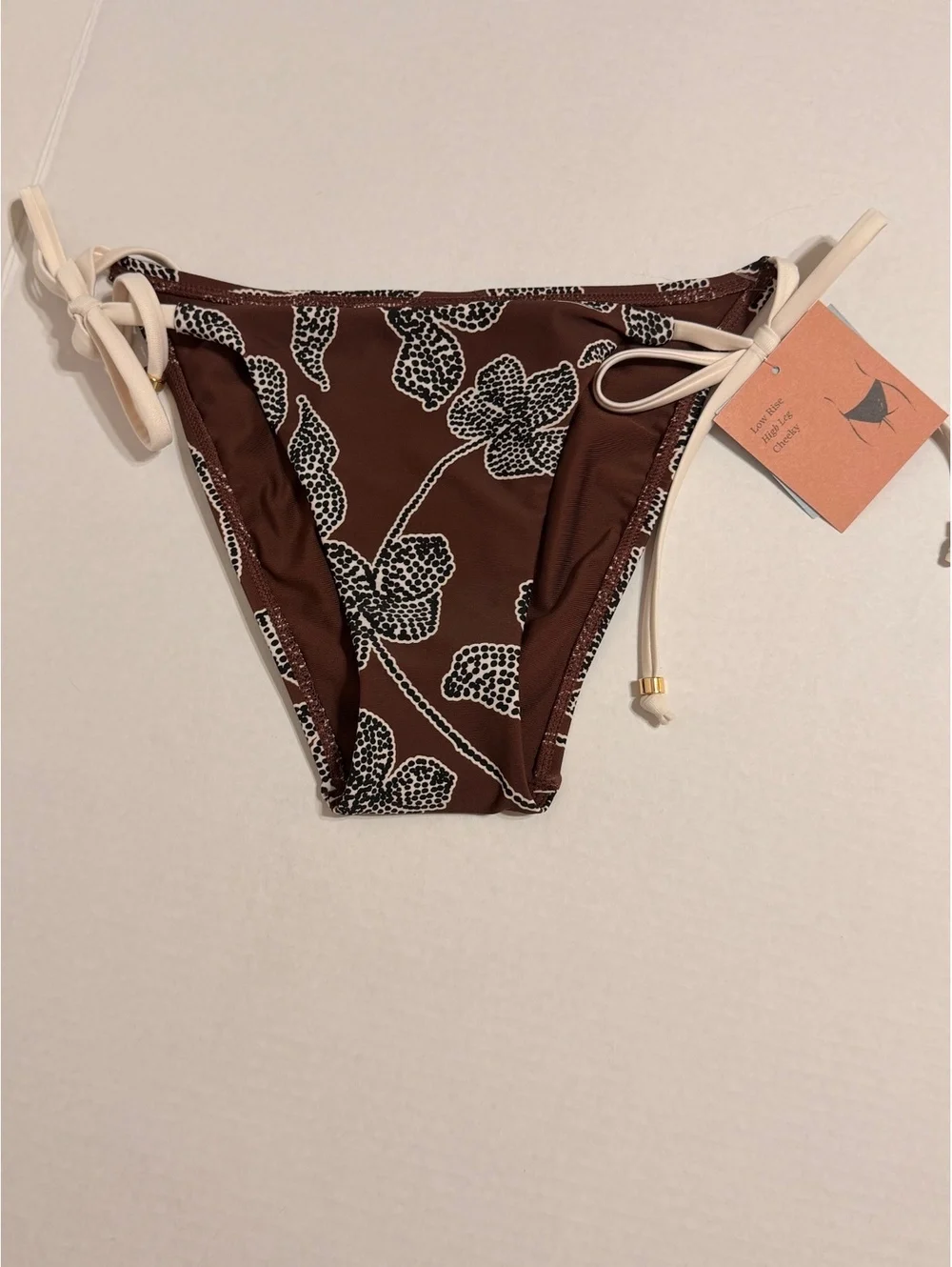 Shade & Shore M Brown Floral Low Rise High Leg Cheeky Tie Side Bikini Bottom NWT